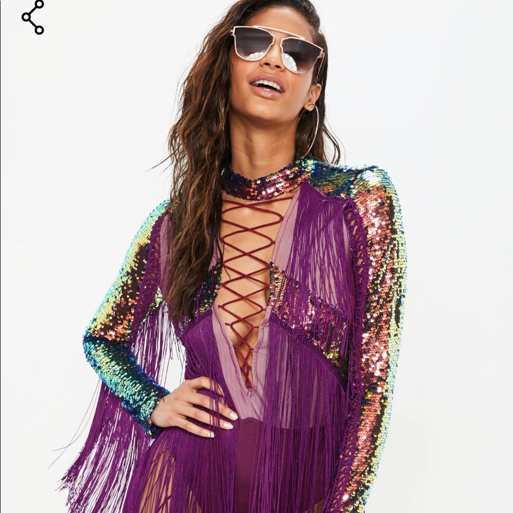Missguided purple sequin fringe bodysuit